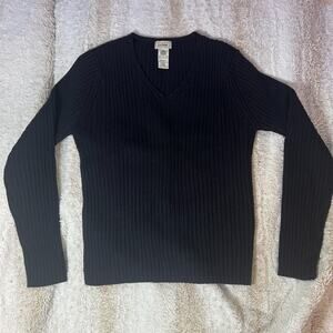 Vintage LL Bean Merino Wool Sweater Black V Neck Woolrich Small Cozy Travel